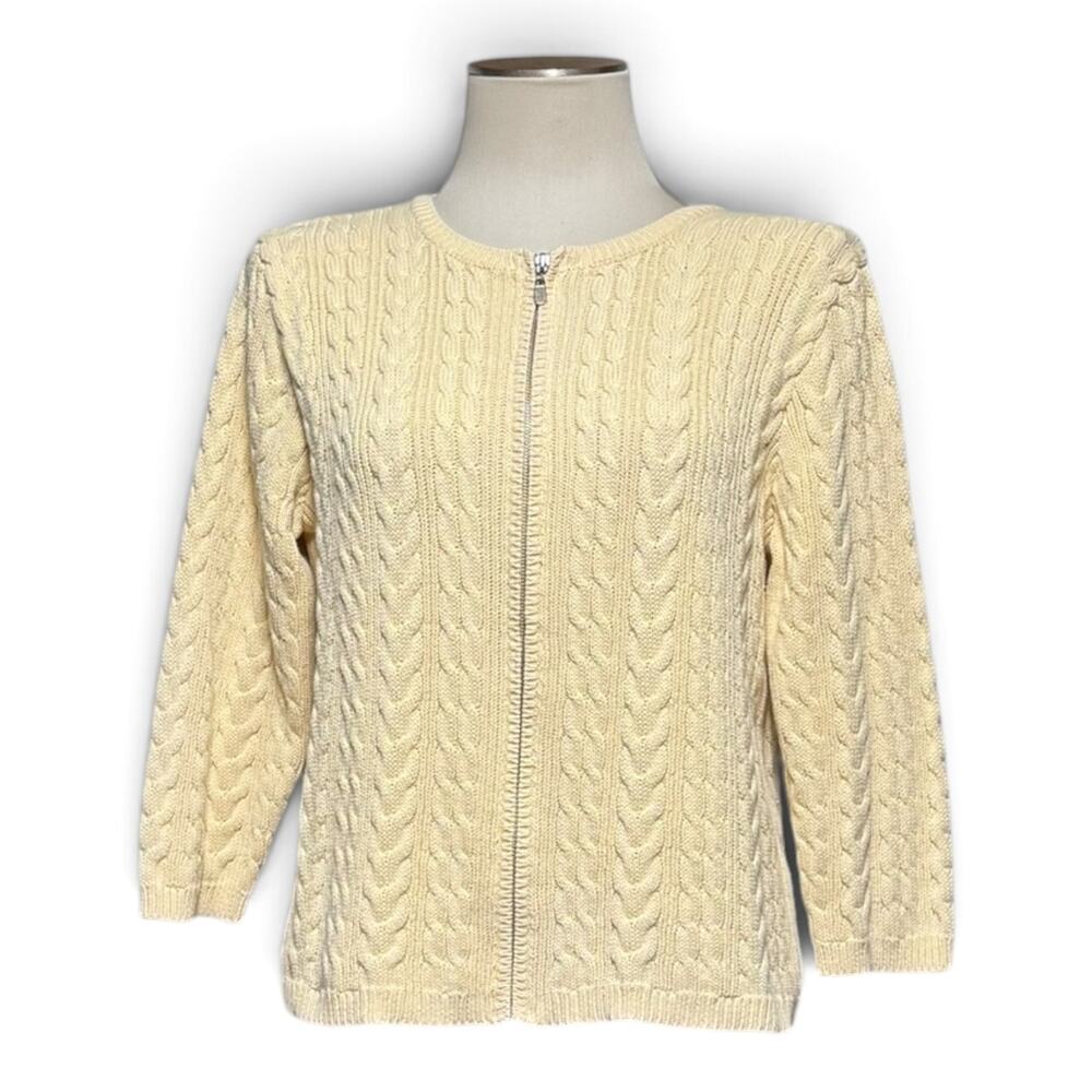 Christopher & Banks 100% Cotton Cable Knit Sweater Zip Up Light Yellow Large